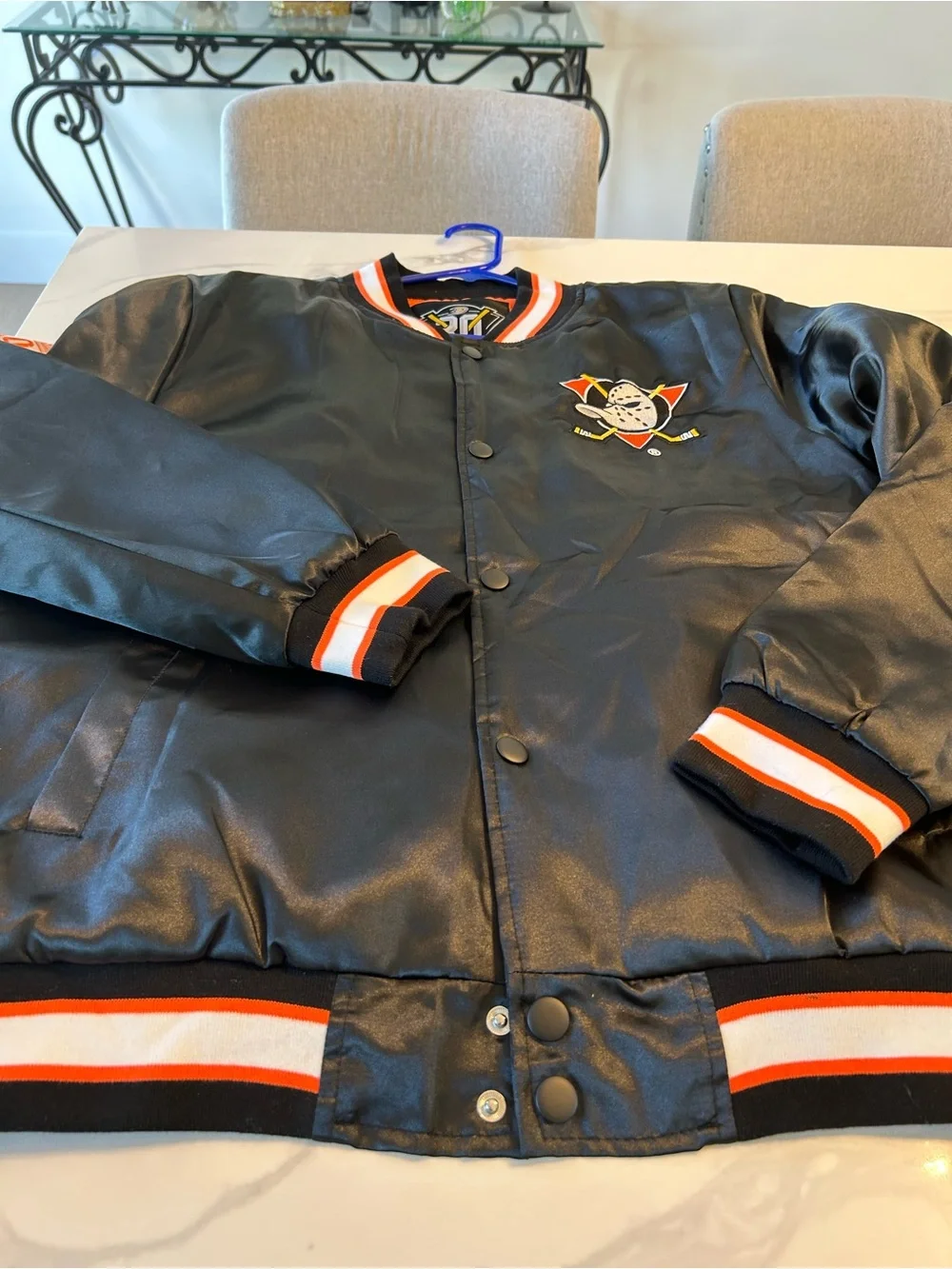 Men’s Black 30 Anniversary Anaheim Ducks Bomber Jacket with Orange. Sz Large